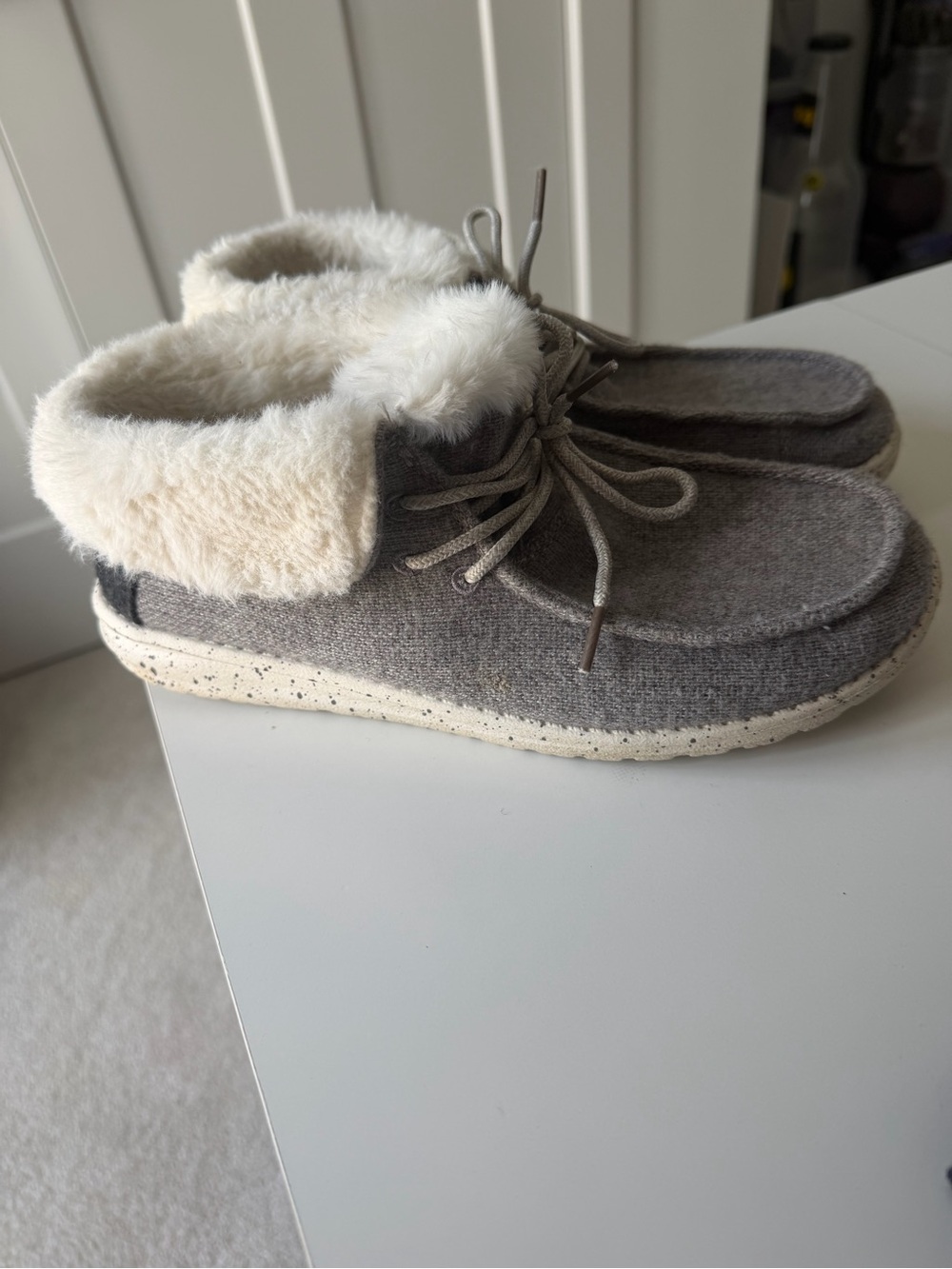 Hey Dude Cozy Gray Sherpa-Lined Moccasin Slippers